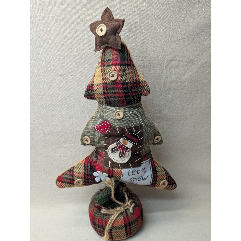 Primitive Plaid Fabric Christmas Tree Snowman Tabletop Decor Let It Snow Rustic